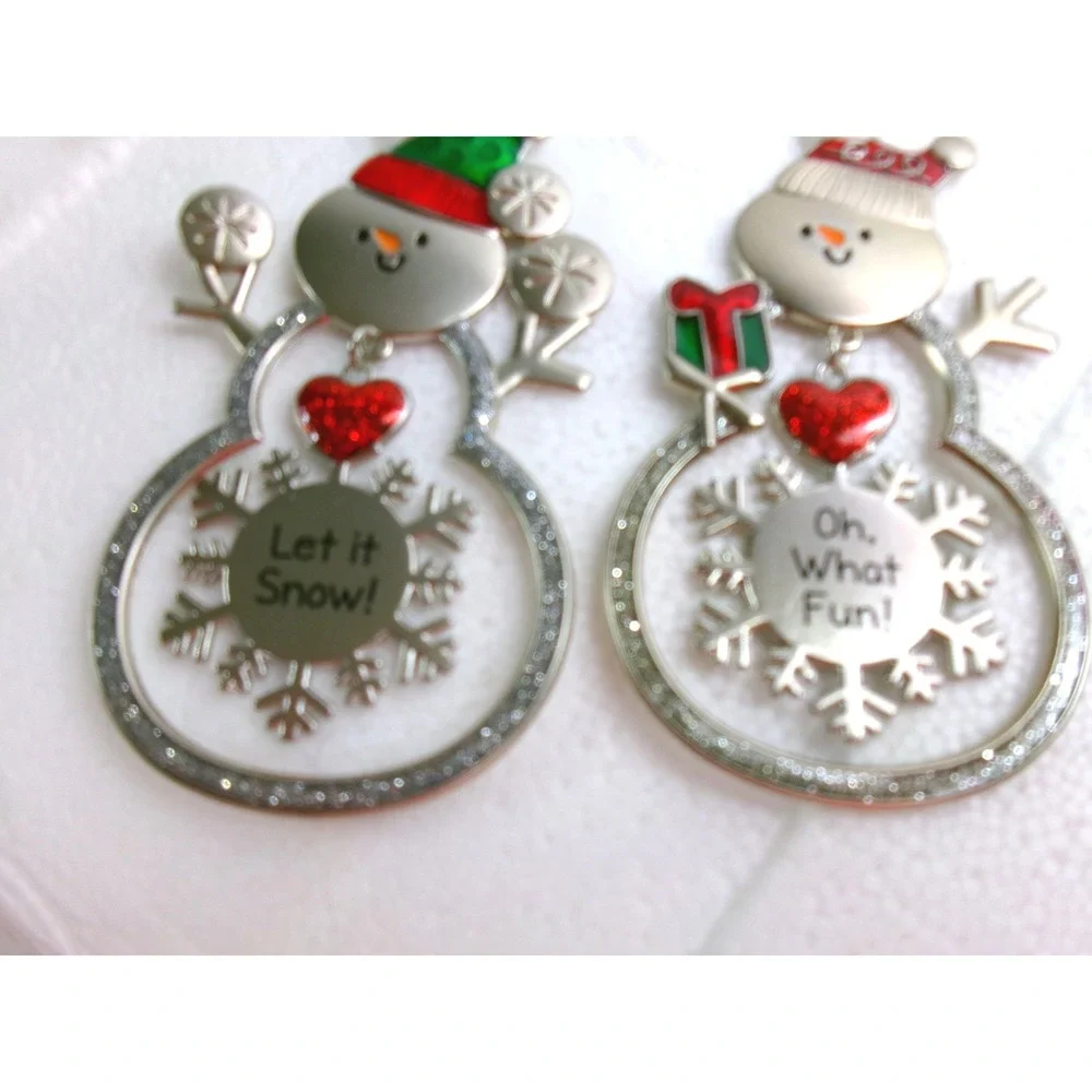 Ganz Metal Snowman Ornaments Set of 2 Let It Snow Oh What Fun Silver Snowflake‎